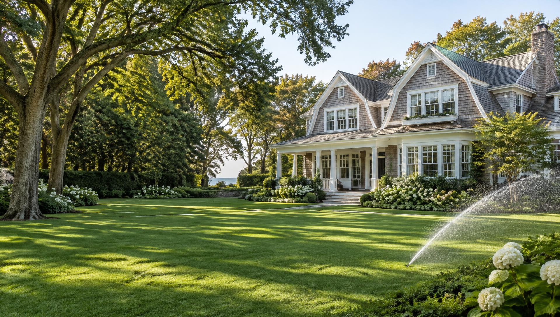 A beautifully landscaped Long Island-style home with a sprinkler watering its lawn