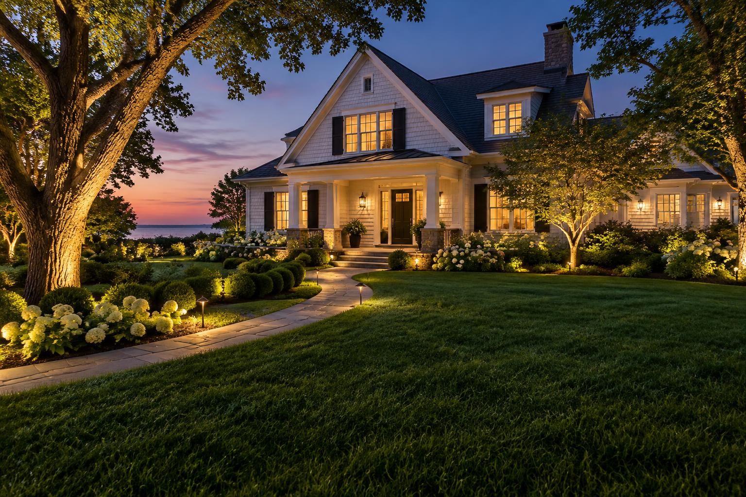 Warm path lights and tree uplighting around an inviting home at dusk